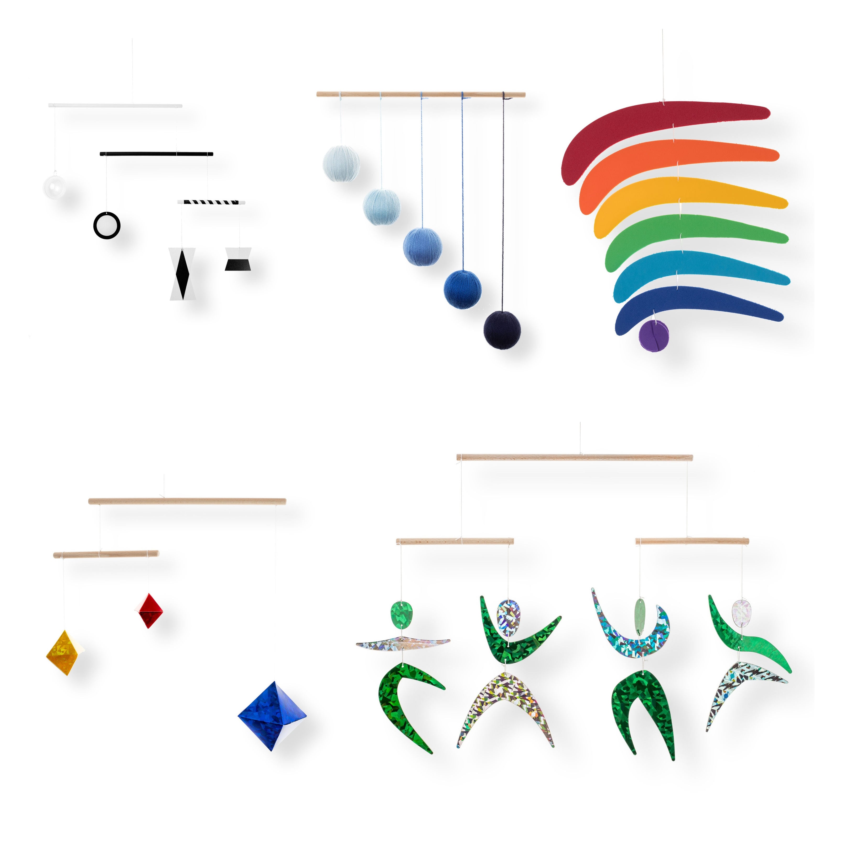 Set of 5 Montessori Mobiles – Munari, Gobbi, Dancers, Rainbow, blue gym holder variant