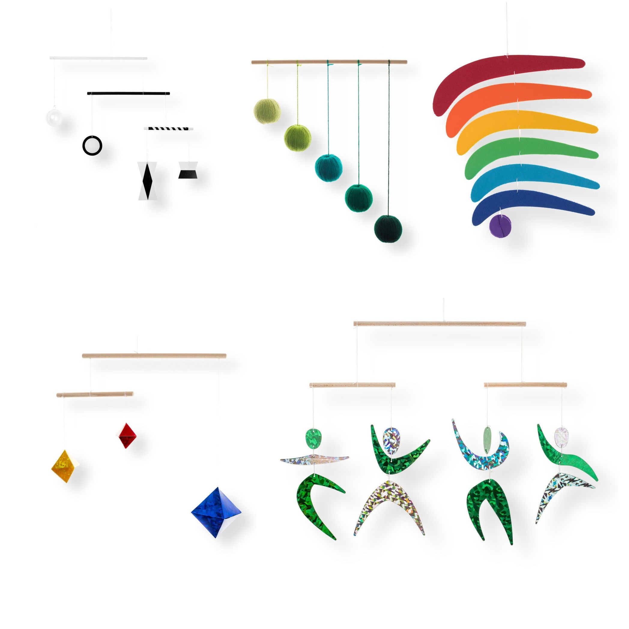 Set of 5 Montessori Mobiles – Munari, Gobbi, Dancers, Rainbow, green gym holder variant