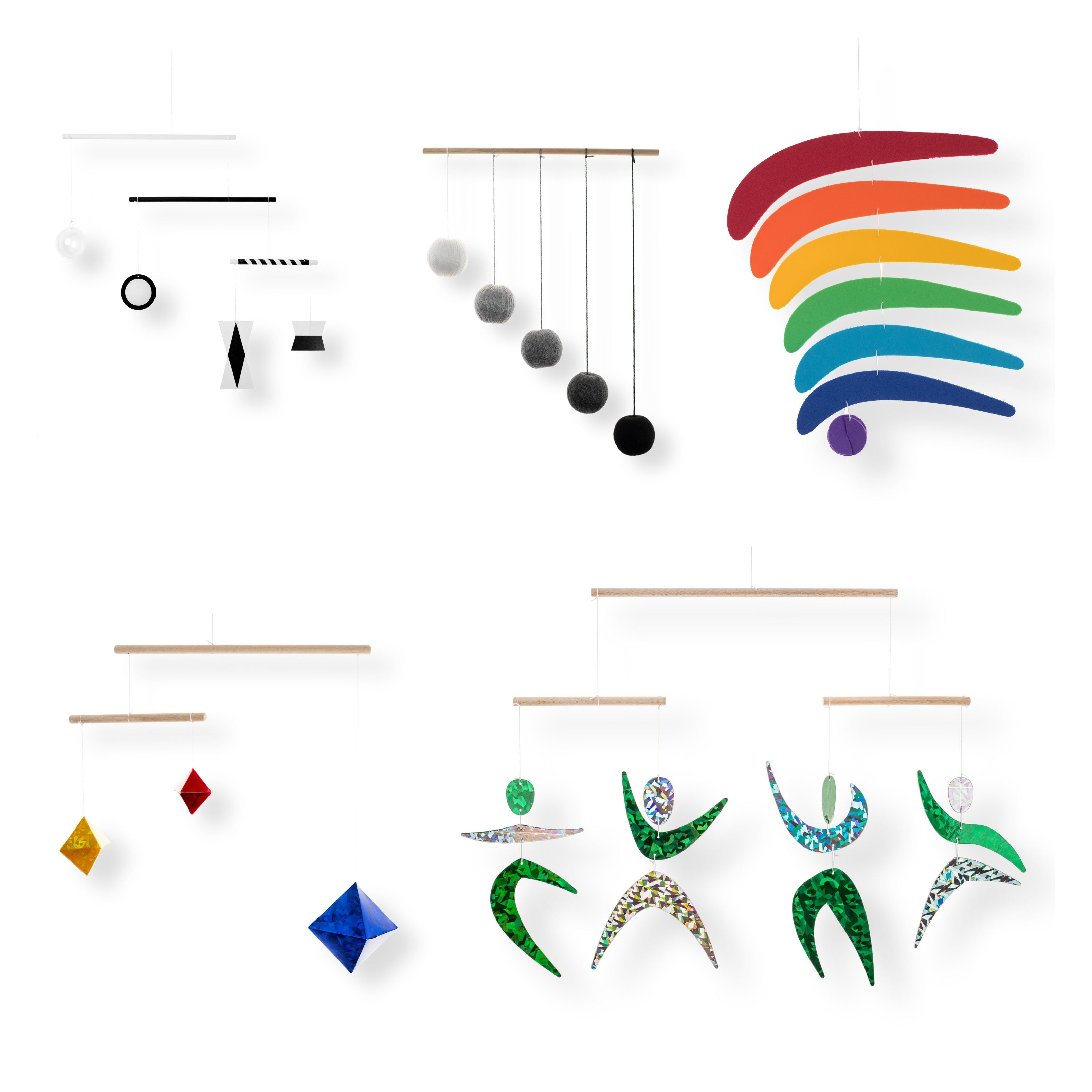 Set of 5 Montessori Mobiles – Munari, Gobbi, Dancers, Rainbow, gray gym holder variant