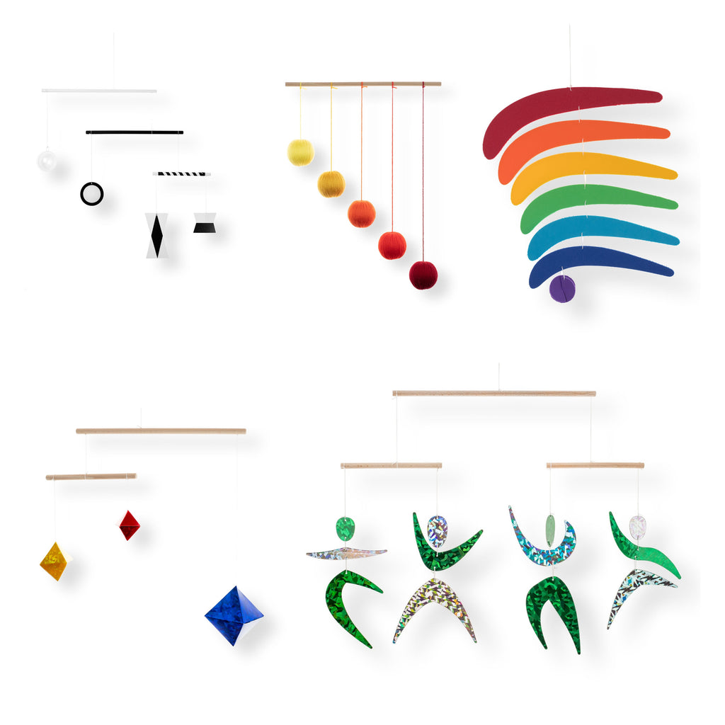 Set of 5 Montessori Mobiles – Munari, Gobbi, Dancers, Rainbow, orange gym holder variant