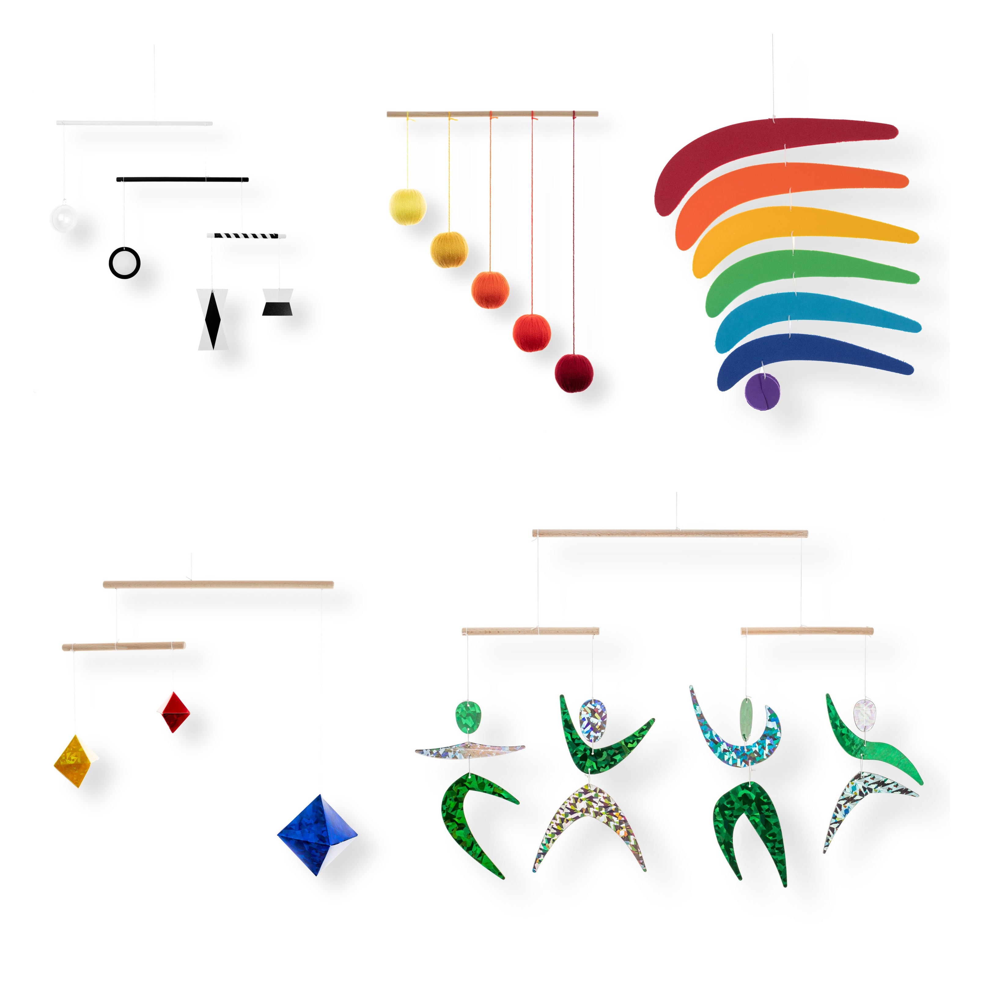 Set of 5 Montessori Mobiles – Munari, Gobbi, Dancers, Rainbow, orange gym holder variant
