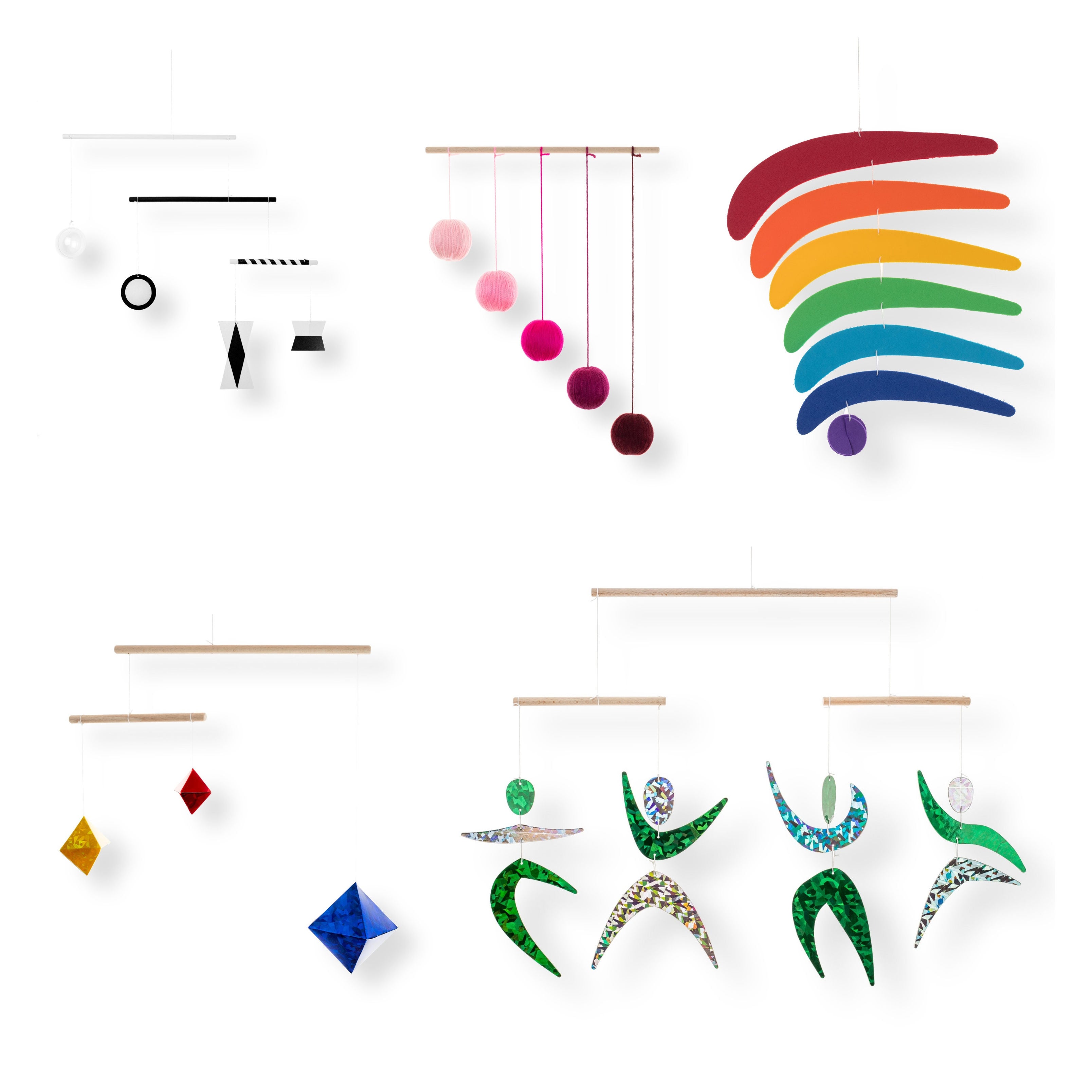 Set of 5 Montessori Mobiles – Munari, Gobbi, Dancers, Rainbow, pink gym holder variant