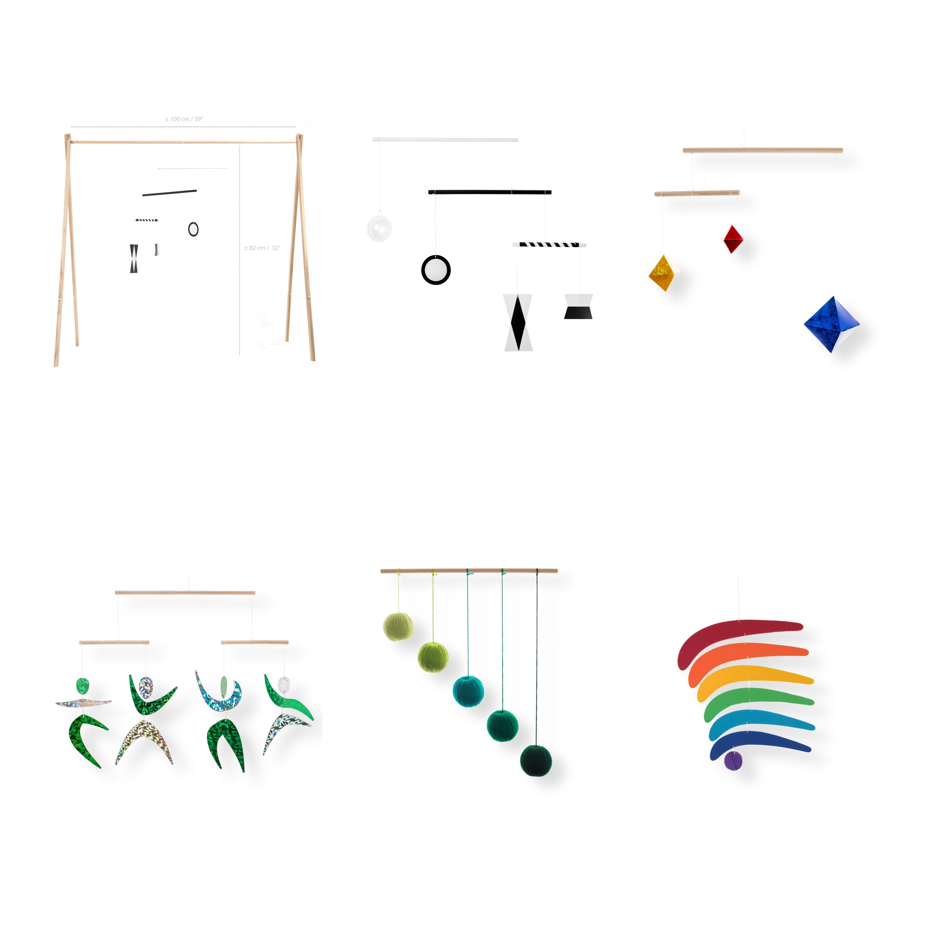 Set of 5 Montessori Mobiles – Munari, Gobbi, Dancers, Rainbow, green gym holder variant