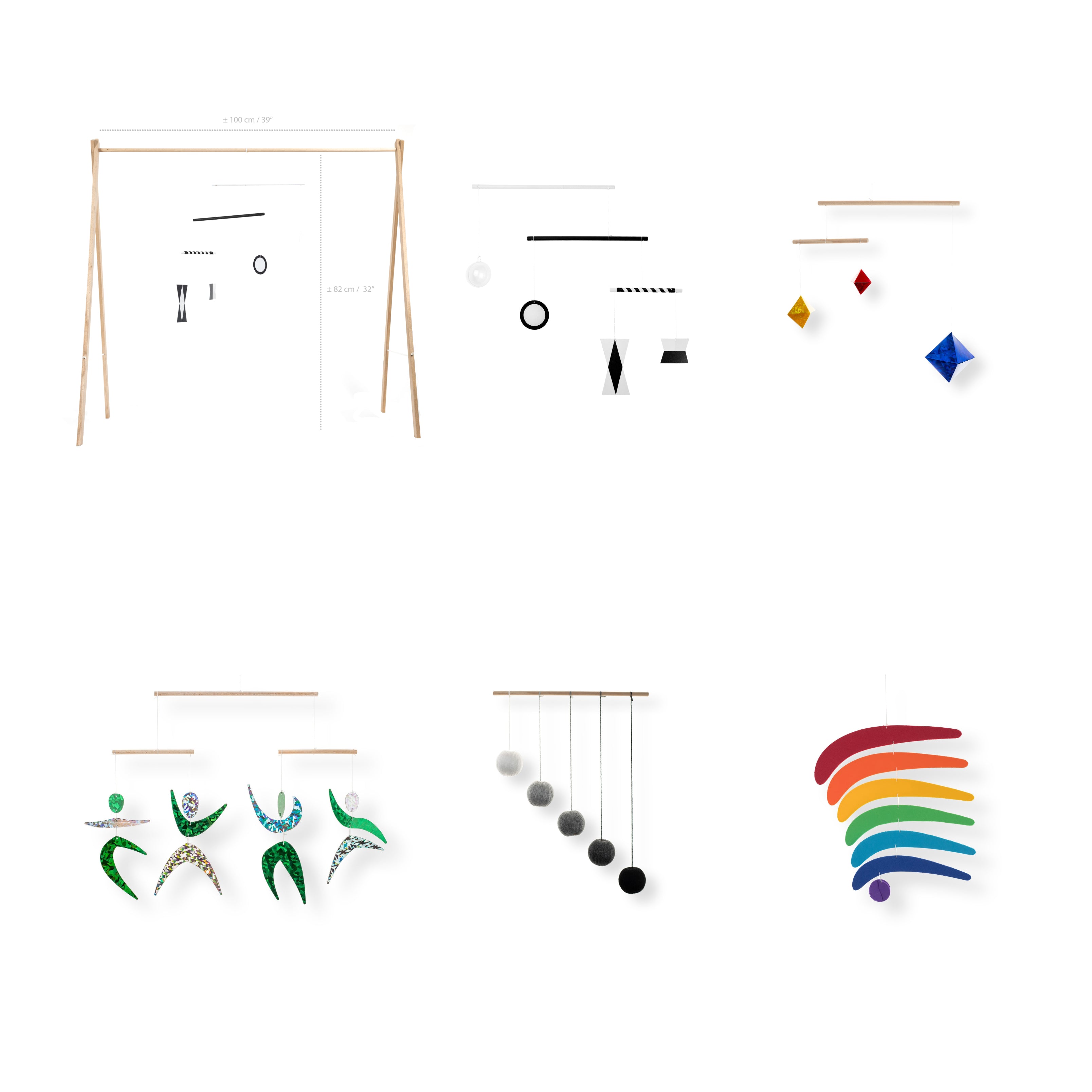 Set of 5 Montessori Mobiles – Munari, Gobbi, Dancers, Rainbow, gray gym holder variant