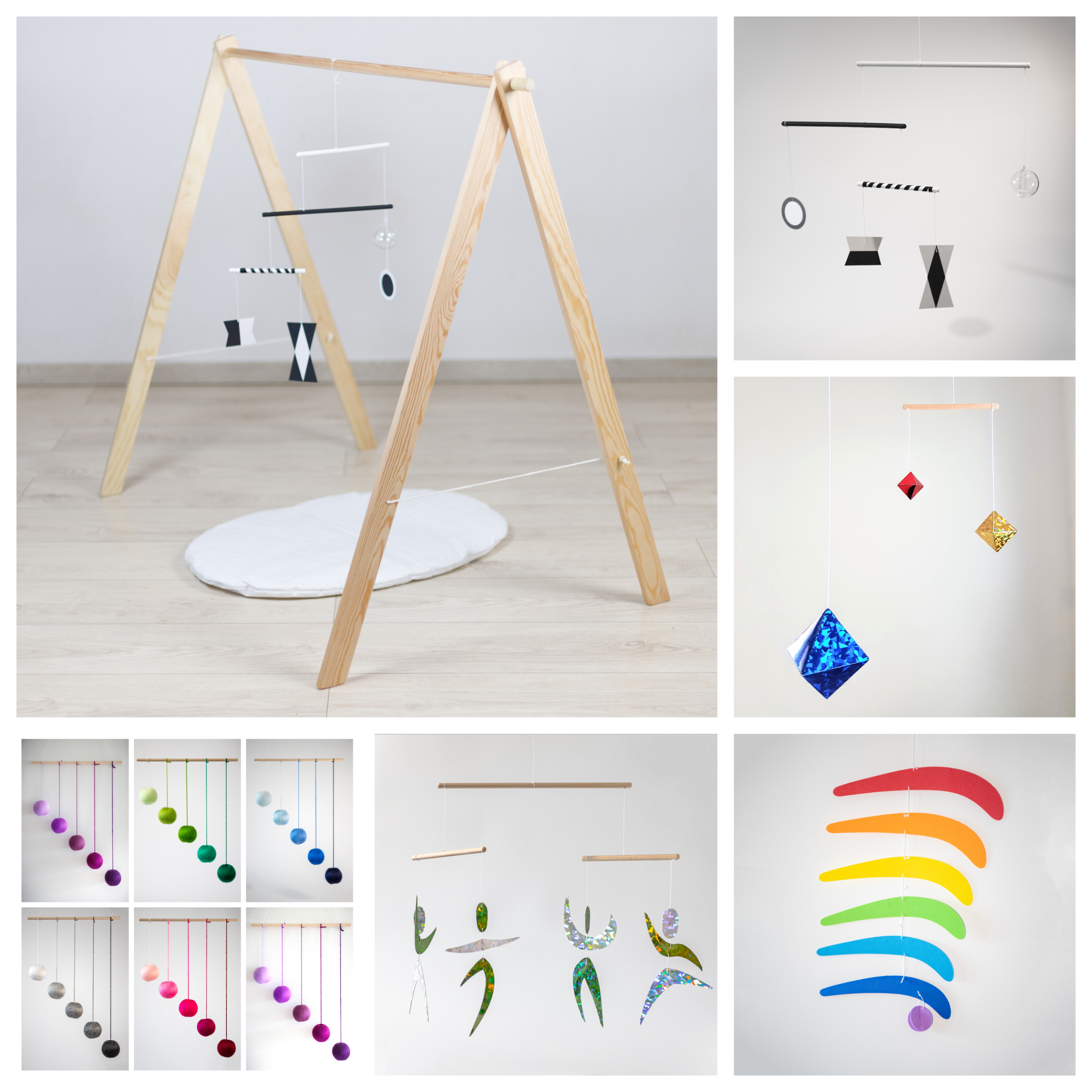 Set of 5x Montessori Mobiles with holder - Munari,Gobbi,Dancers,Octahedrons,Rainbow