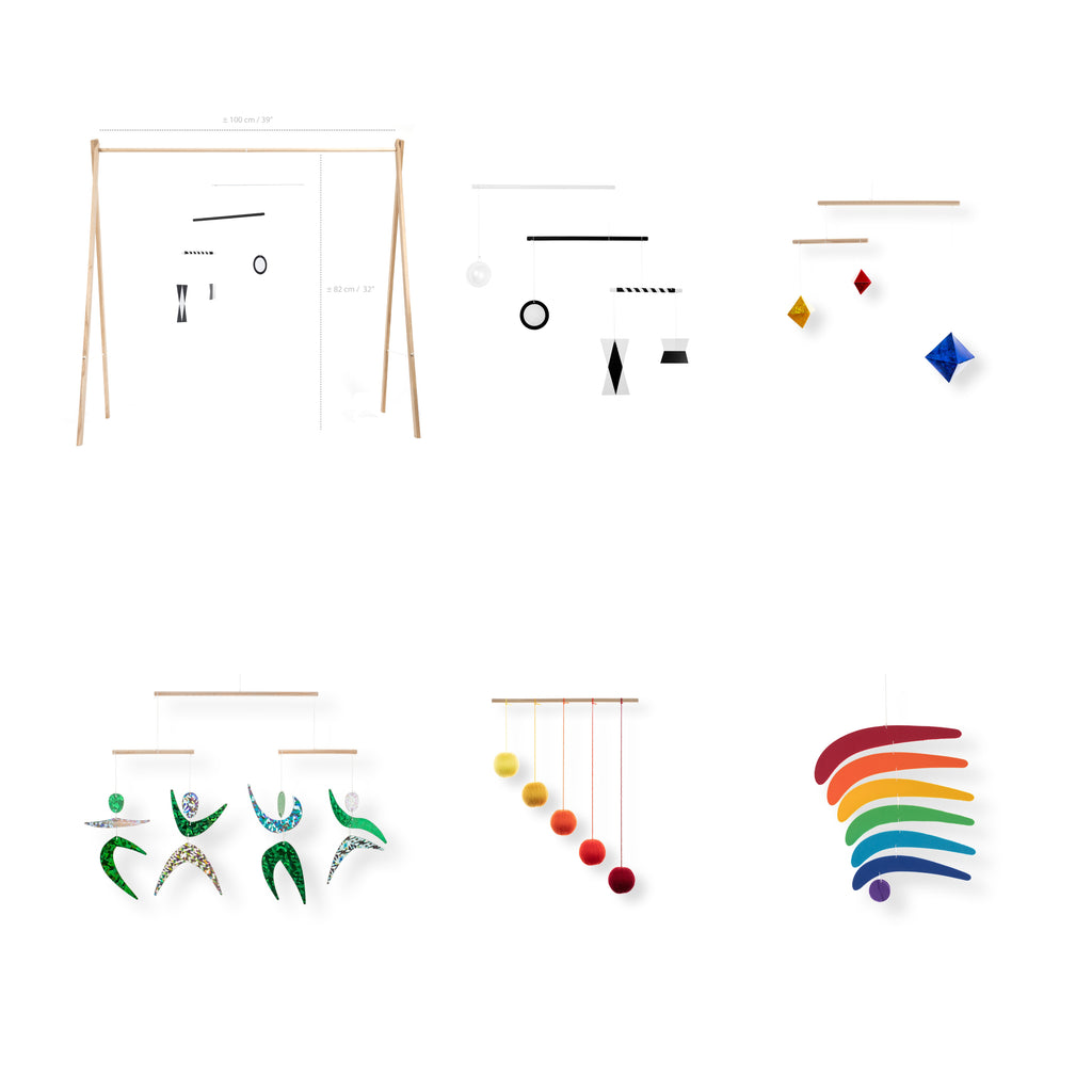 Set of 5 Montessori Mobiles – Munari, Gobbi, Dancers, Rainbow, orange gym holder variant