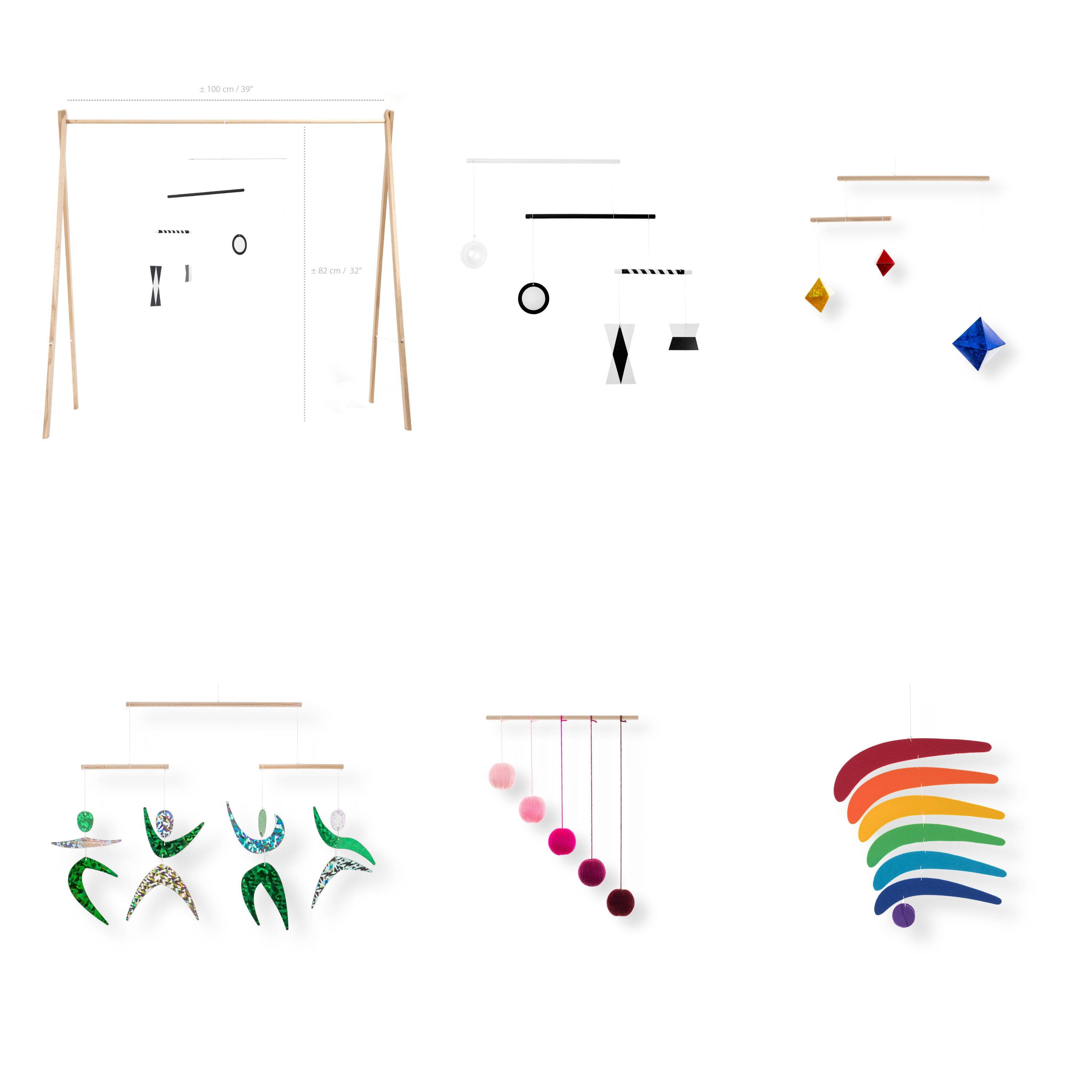 Set of 5 Montessori Mobiles – Munari, Gobbi, Dancers, Rainbow, pink gym holder variant