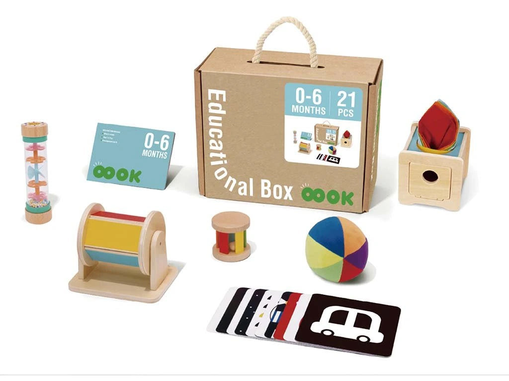 Montessori Toys for Babies 0-6 Months, 6 in 1 Learning Educational Set Newborn Toys Including Sensory Ball, Rain Stick, Baby Roller, Spinning Drum, Black and White Cards, Tissue Box