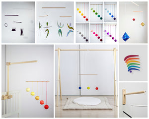 Set of 5x Montessori Mobiles with gym holder / crib arm / wall mount - Munari, Gobbi, Dancers, Octahedrons, Rainbow