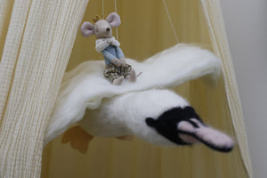 Flying Swan Mobile with Maileg Prince Mouse.