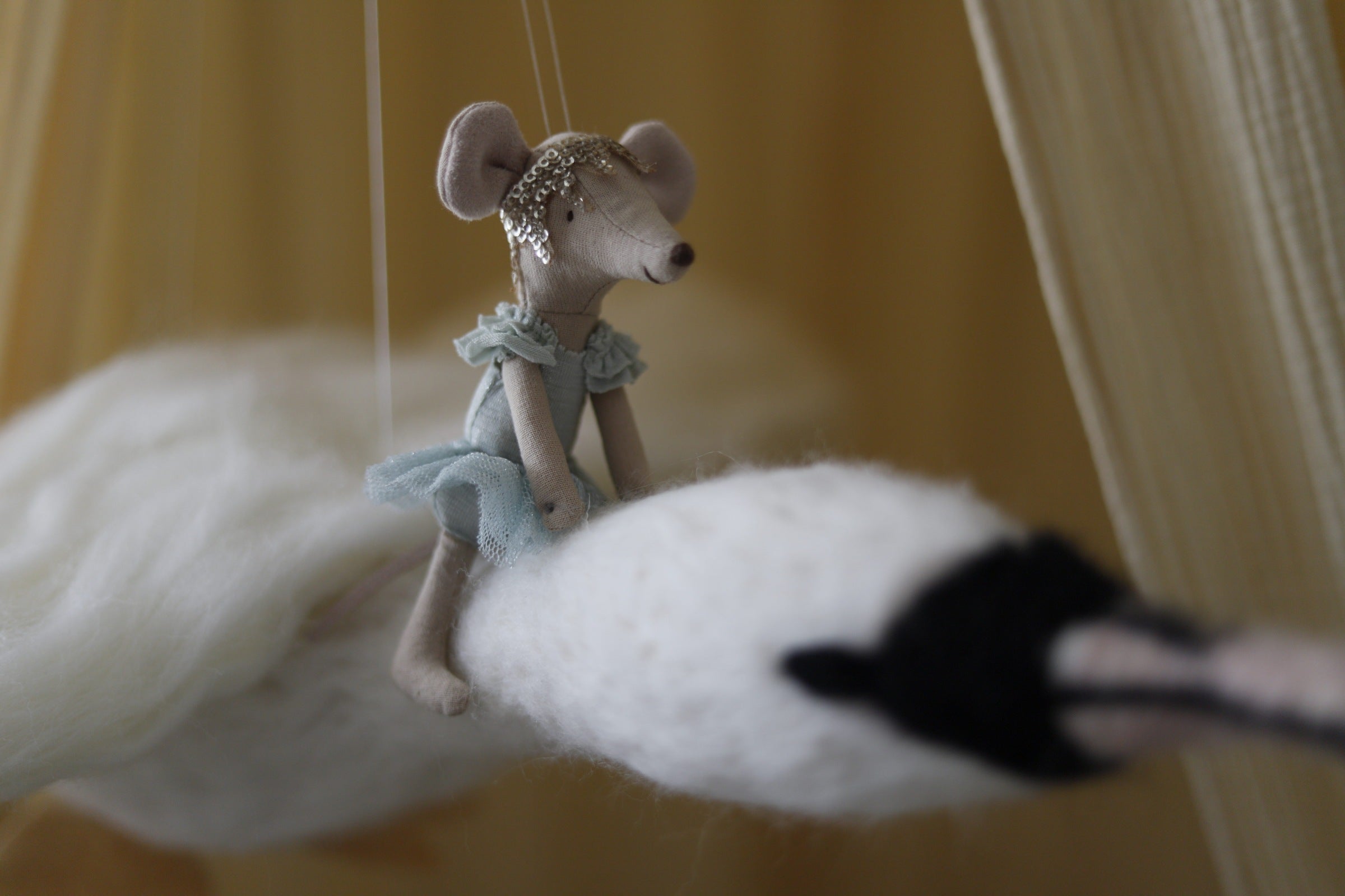 Flying Swan Mobile with Maileg Swan Lake Mouse.