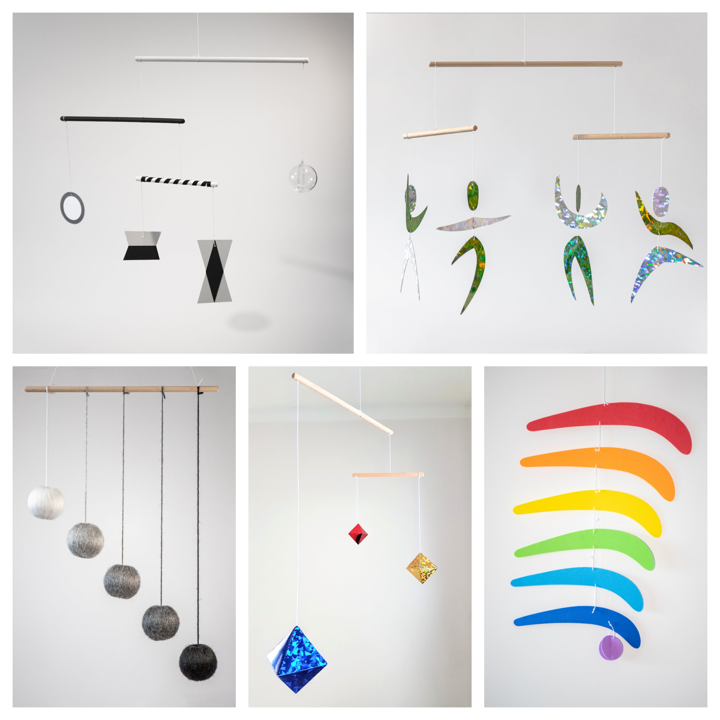 Set of 5 x montessori mobile - Munari, Gray Gobbi, Dancers, Octahedron, Rainbow for baby development. 5setgray