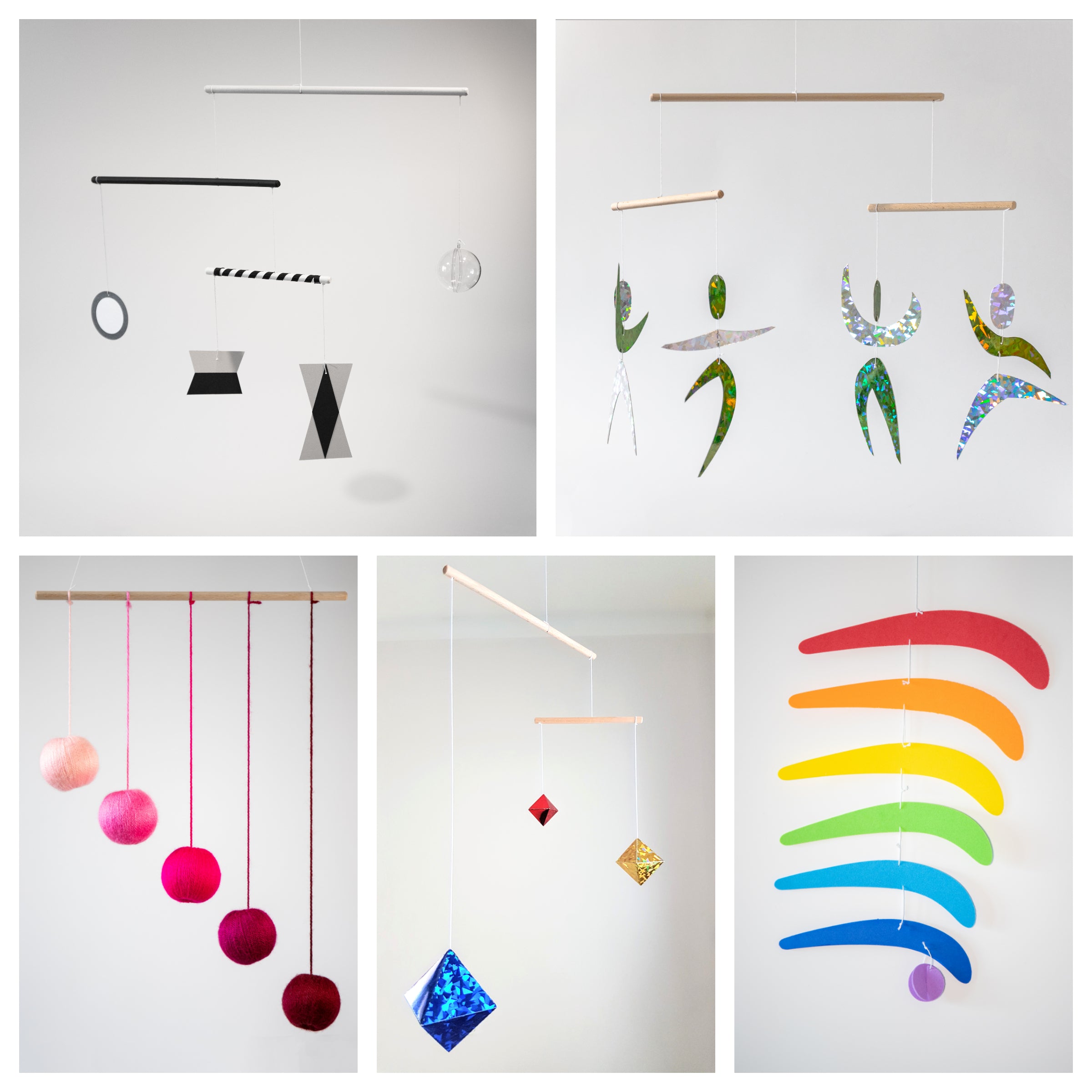Set aus 5 x Montessori Mobile – Munari, rosa Gobbi, Tänzer, Oktaeder, Regenbogen